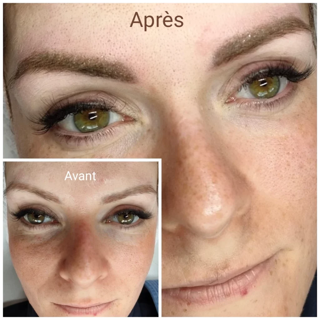 Avant après d'une femme ayant reçu une dermopigmentation des sourcils chez Derm'Ô Beauty